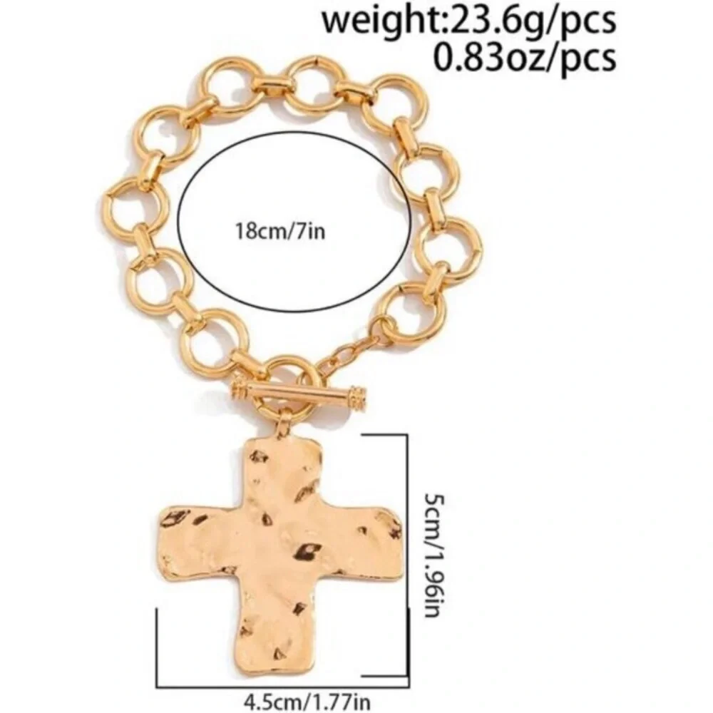 Chunky Big Hammered 24k Gold Plated Cross Bracelet Statement Faith Bracelet new